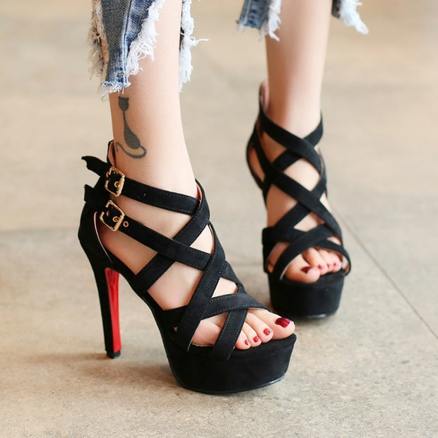 Belt Buckle Toe Hollow Stiletto Platform Sandals