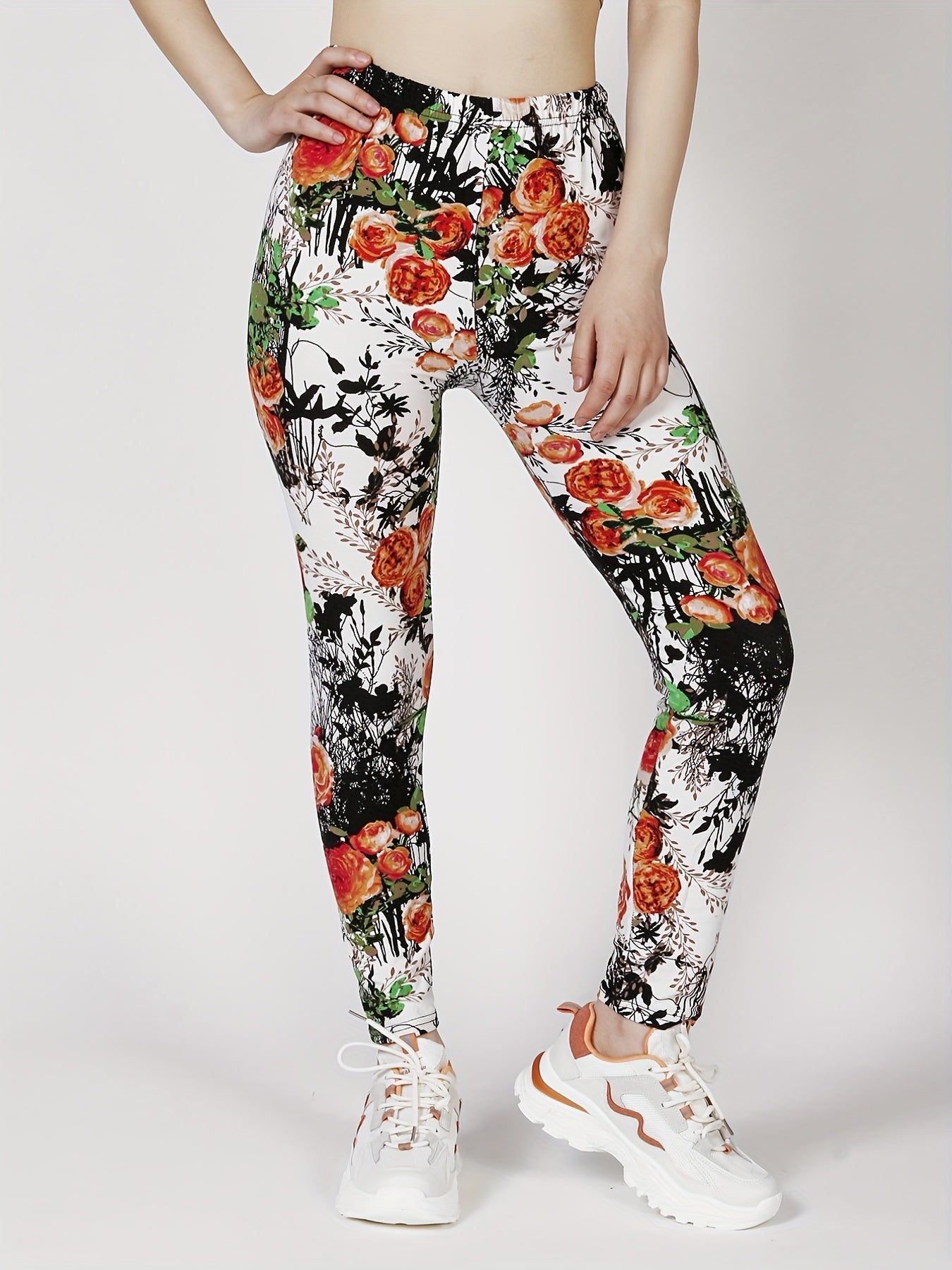 Casual Every Day Skinny Leggings, Floral Print Stretchy Women's Clothing