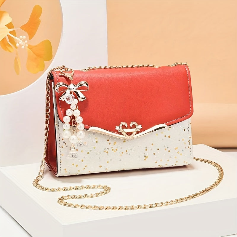 Women'S Fashion Crossbody Bag, Korean Style, Faux Leather, Lightweight, Durable, with Sequin Detail, Large Capacity, Versatile for Daily Use And Outdoor Travel, Ideal for Birthday, Thanksgiving, Halloween, Christmas Gift - Faux Leather, Metal Chain Strap