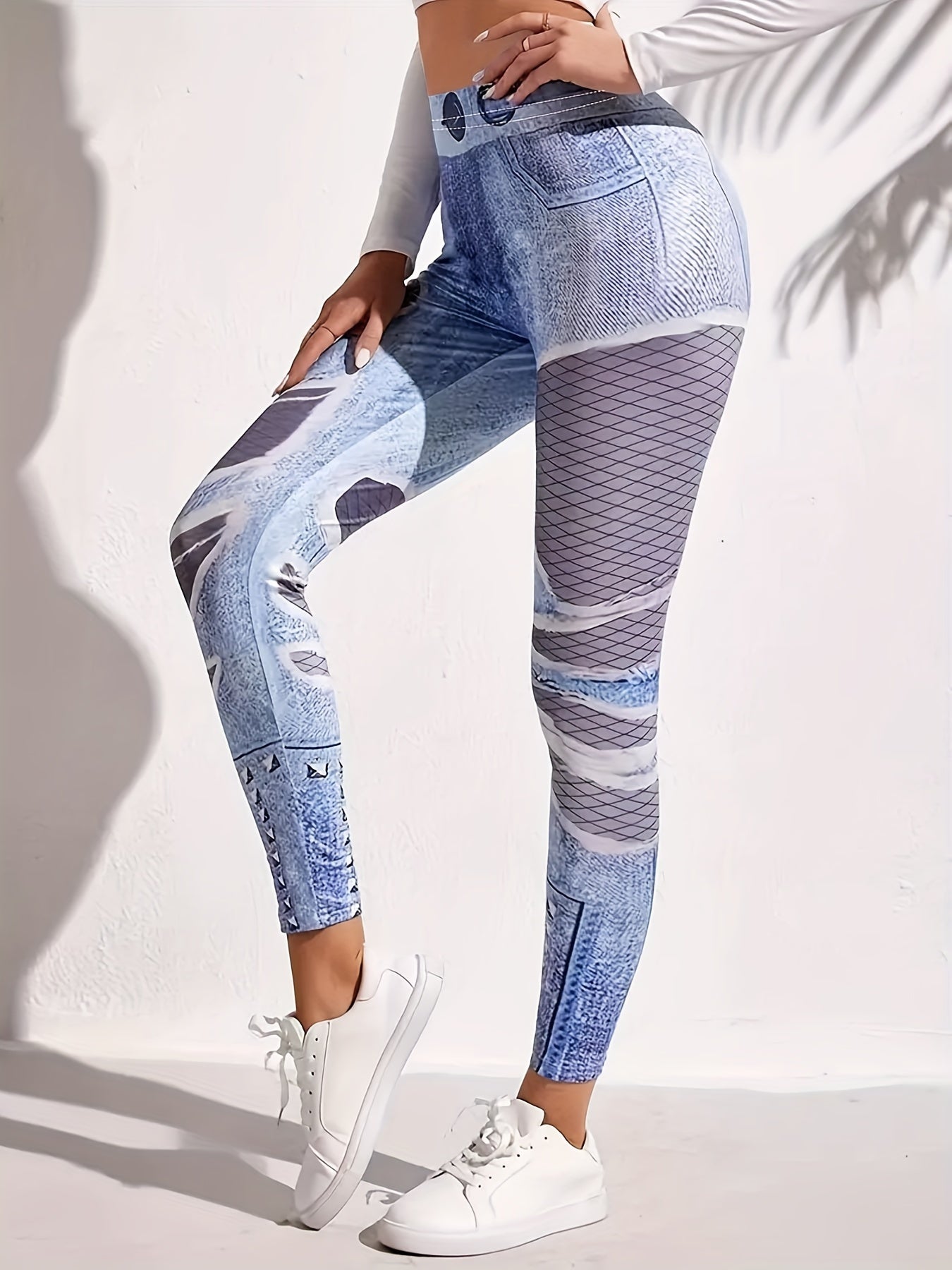 Faux Denim Print High Waist Leggings, Casual Skinny Stretchy Leggings For Spring & Fall, Women's Clothing