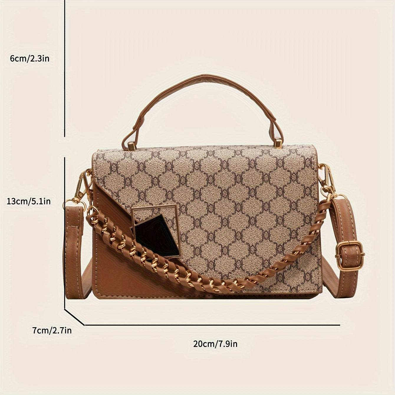 Chic Geometric Print Crossbody Bag with Decorative Chain Strap - Women's Fashion Faux Leather Handbag