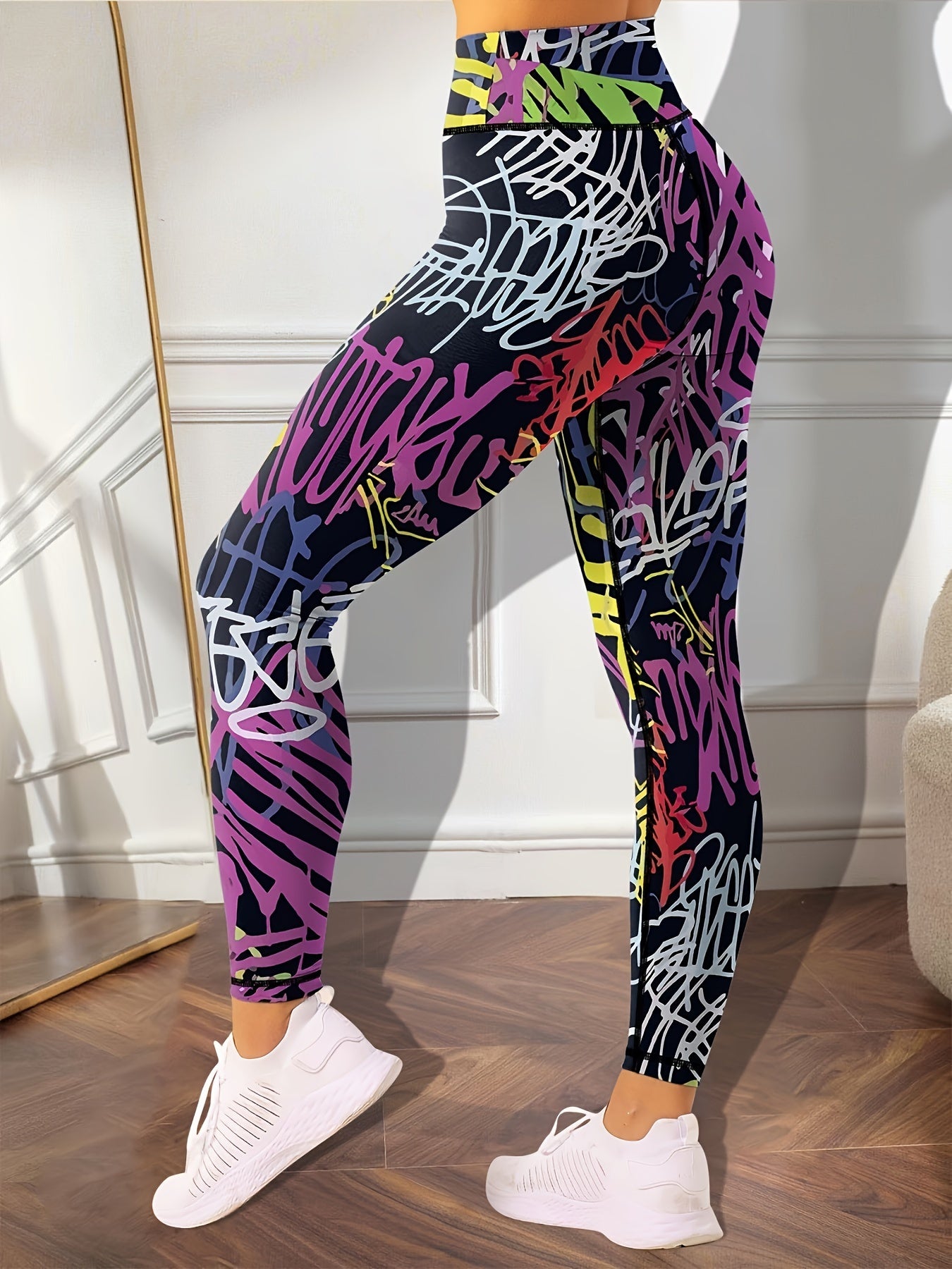 Women's High-Waisted Tummy Control Athletic Leggings with Stripe Graffiti Print - Stretchy Booty Lifting Yoga Pants, Perfect for Workout and Casual Running Trousers, Sporty Style