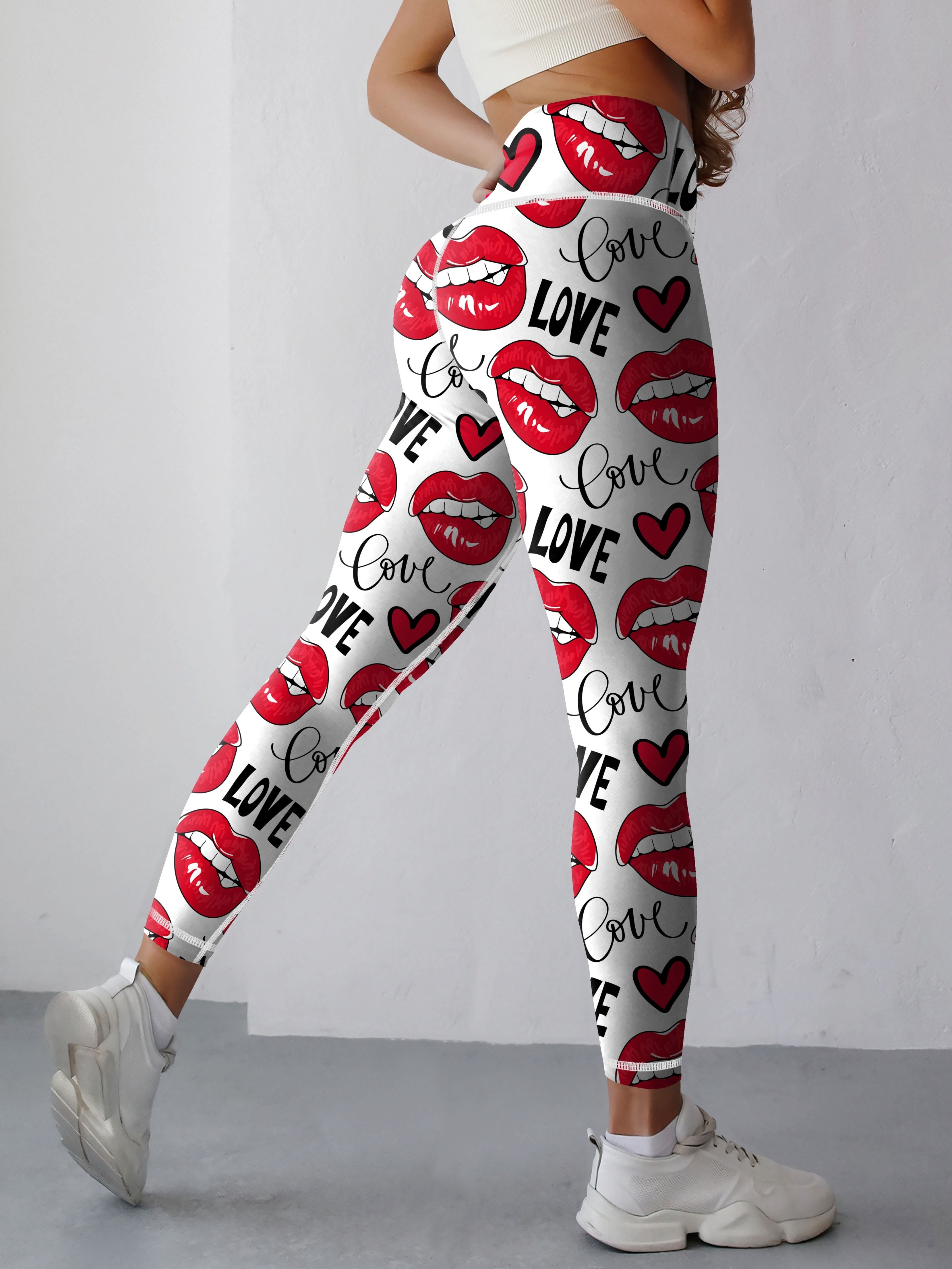 High Waist Elastic Women's Printed Valentine's Day Yoga Leggings, Love & Lipstick Tummy Control Casual Sports Pants, Comfortable Fitness Workout Running Athletic Style