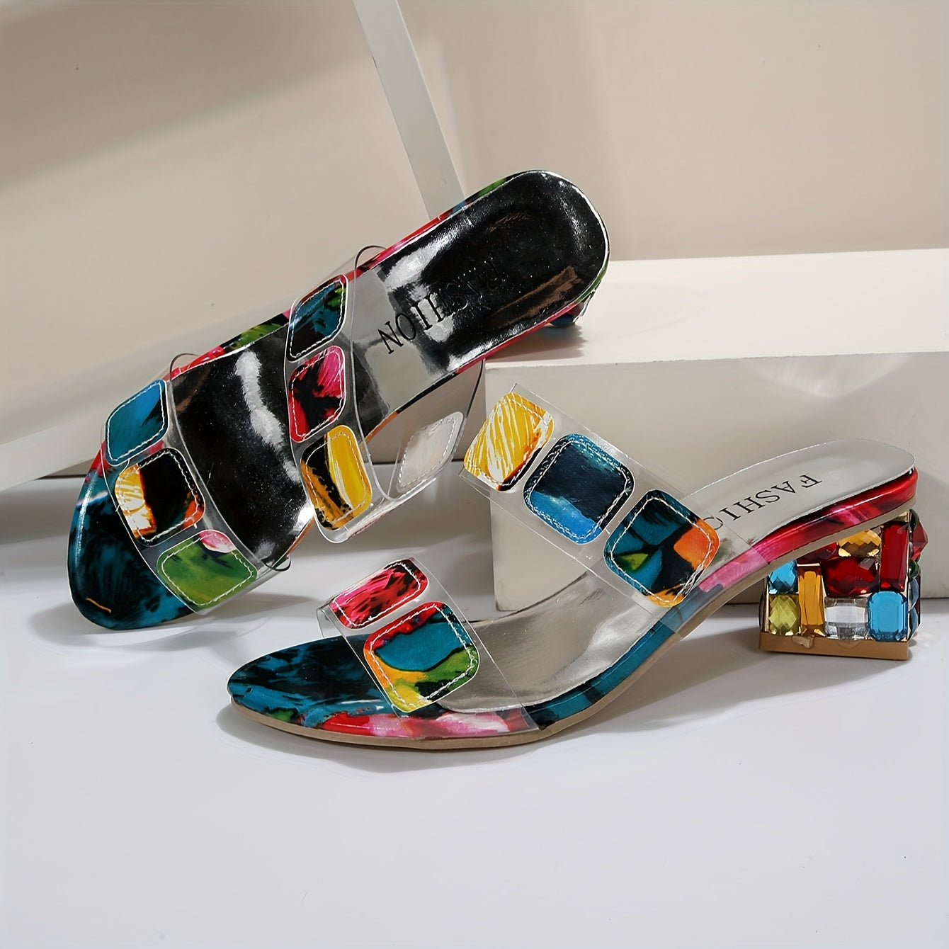 Women's Colorful Chunky Low Heeled Sandals, Colorful Rhinestone Decor Open Toe Shoes, Fashion Summer Outdoor Sandals