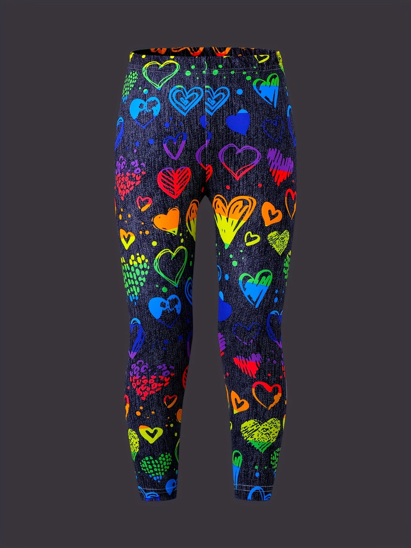 Vibrant Heart Print Leggings - Luminous, Imitation Denim, Stretchy, Comfortable, Fashionable - Perfect for Girls Spring and Summer Party, Casual Daily Wear, Outdoor Activities