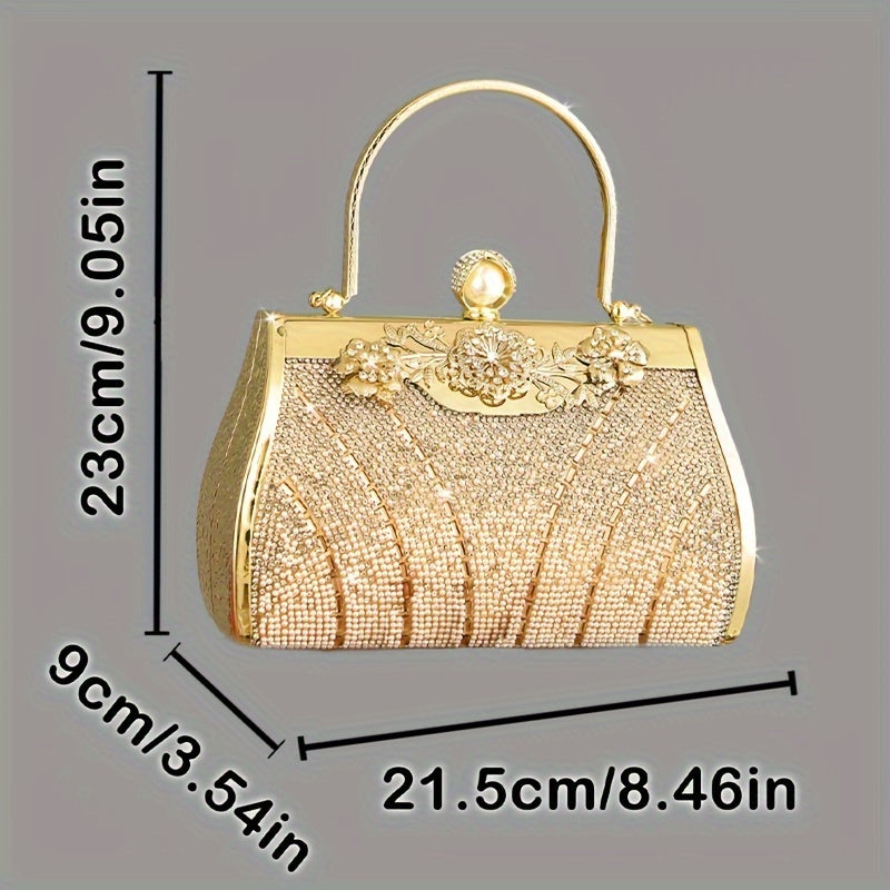 Elegant Rhinestone & Pearl Evening Clutch - Golden, Women's Fashion Handbag for Weddings, Parties, and Festivals