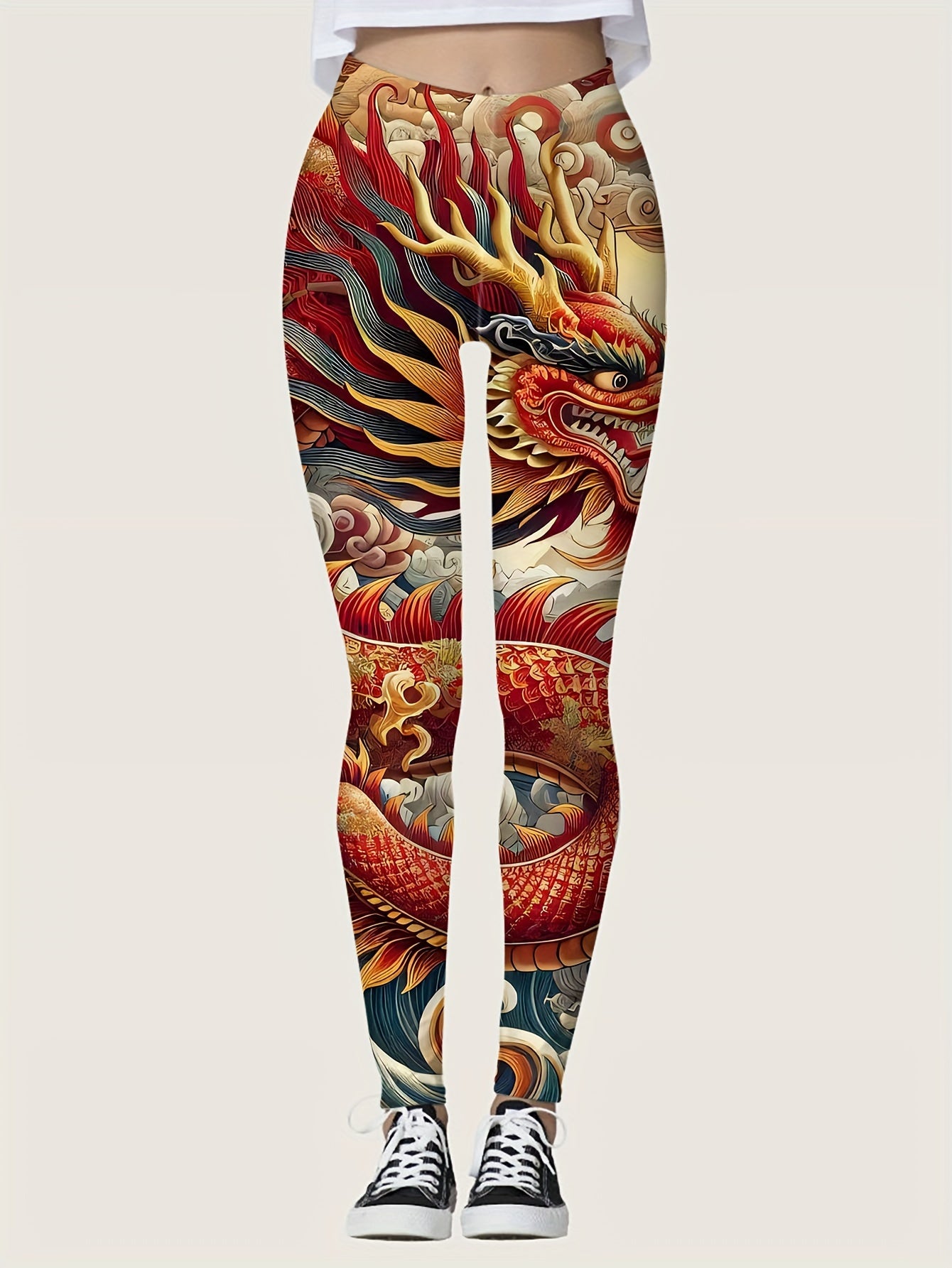 Women's Dragon Print Leggings - High-Quality Ultra Soft Comfort Fit with Bold Tribal Drawing Pattern, Polyester and Elastane Blend, Knit Fabric, Casual Style, All-Season Wear, Jegging Type