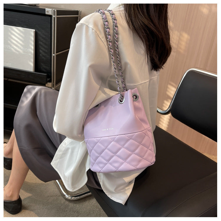 Korean Style Simple Women's Fashion Diamond Texture One-shoulder Bucket Crossbody Bag-Aria Doejay