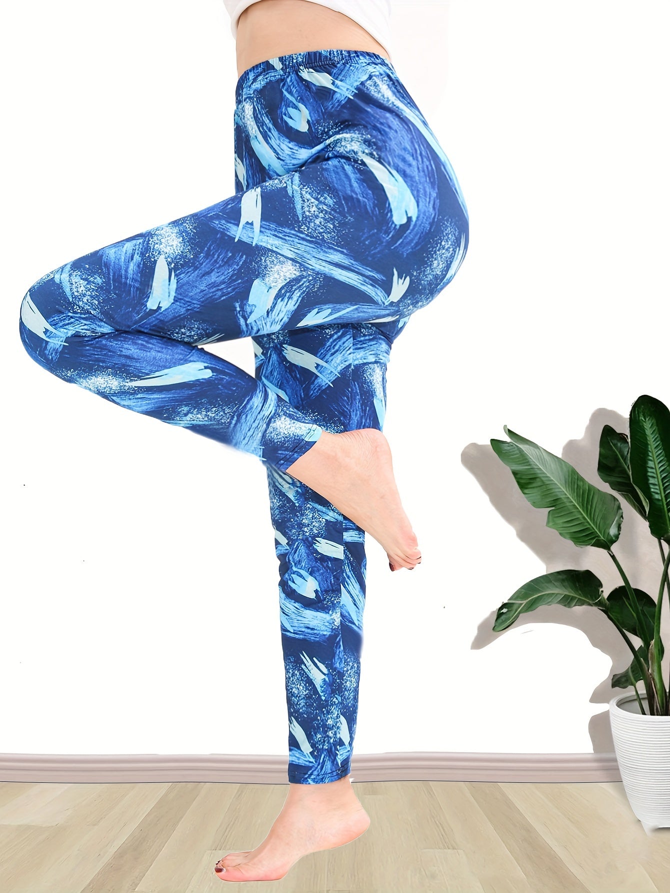 European American Fashion Elastic Tights Gym Workout Nine Points Pants Woman Splashing Ink Pattern High Stretch Tummy Control Leggings Sports Female Outer Wear Clothing