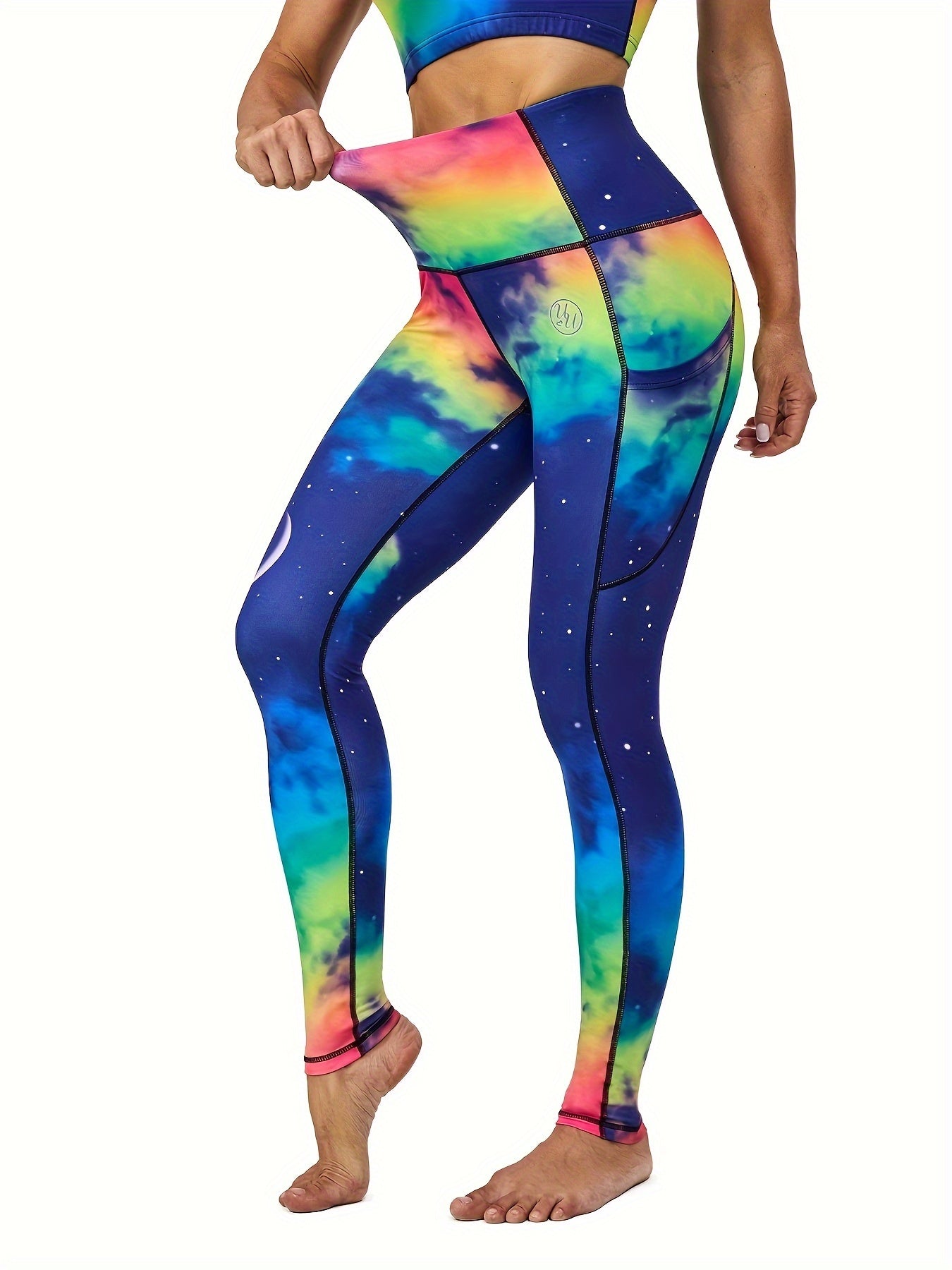 Yoga Cropped Pants For Women, Sports Leggings, Printed High Waisted Leggings, Cinched And Lifted Hips, Zippered Pockets At The Back, Gradient Rainbow Halo, Shimmers Of Midnight