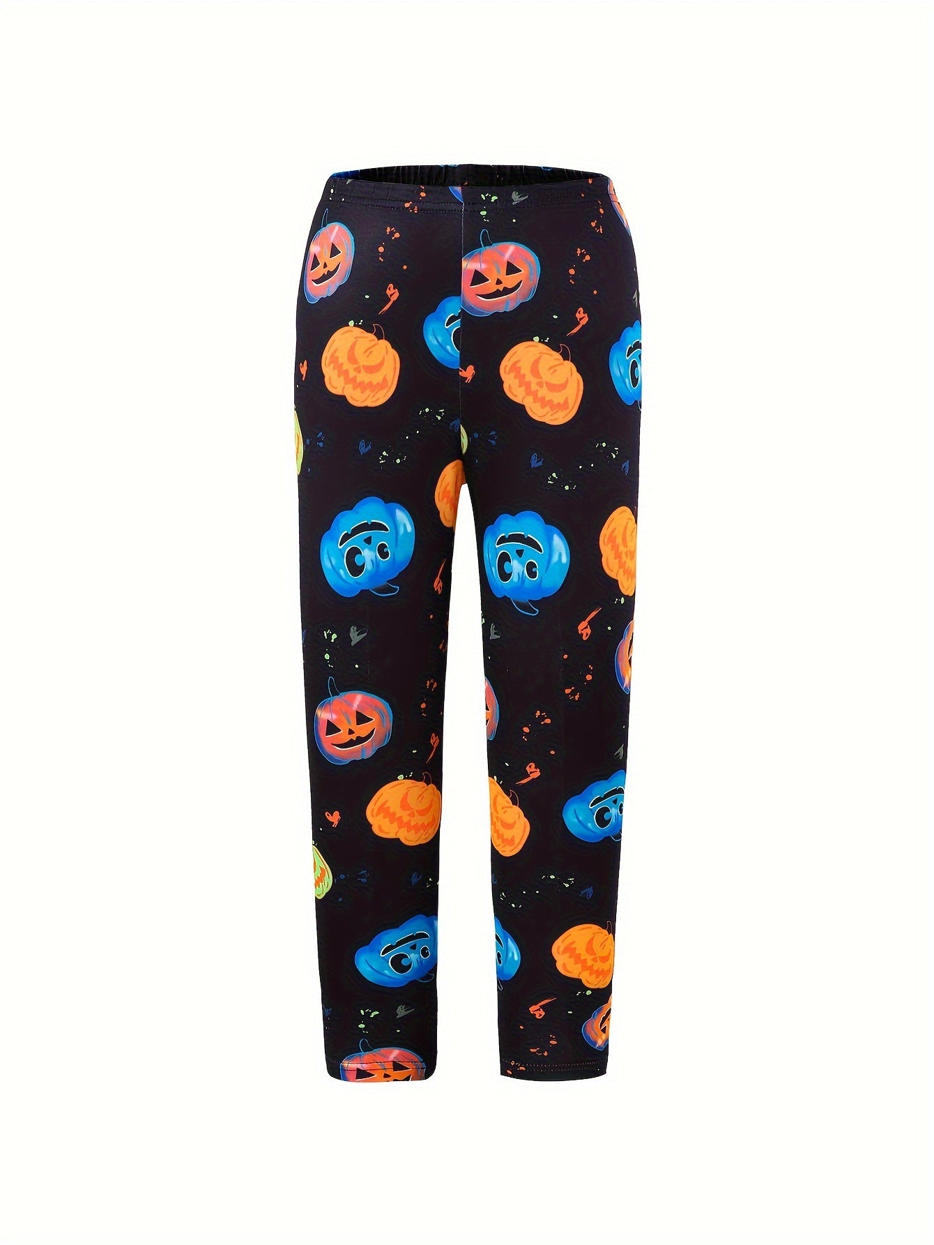 Girls' Halloween Glow-In-The-Dark Pumpkin Leggings - Stretchy, Casual Style For Spring/Fall, Machine Washable