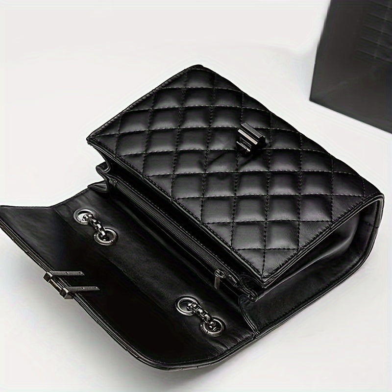 Elegant Small Quilted Crossbody Bag For Women, 2024, Black Diamond Pattern With Chain Strap