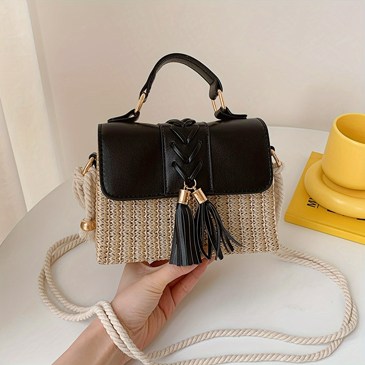 New High-Capacity Fashionable Grass Woven Simple and Casual Solid Color Artistic Vacation Beach Bag - Versatile and Stylish Crossbody Bag with Multiple Carrying Options - Perfect for Travel, Daily Use, and Outdoor Activities