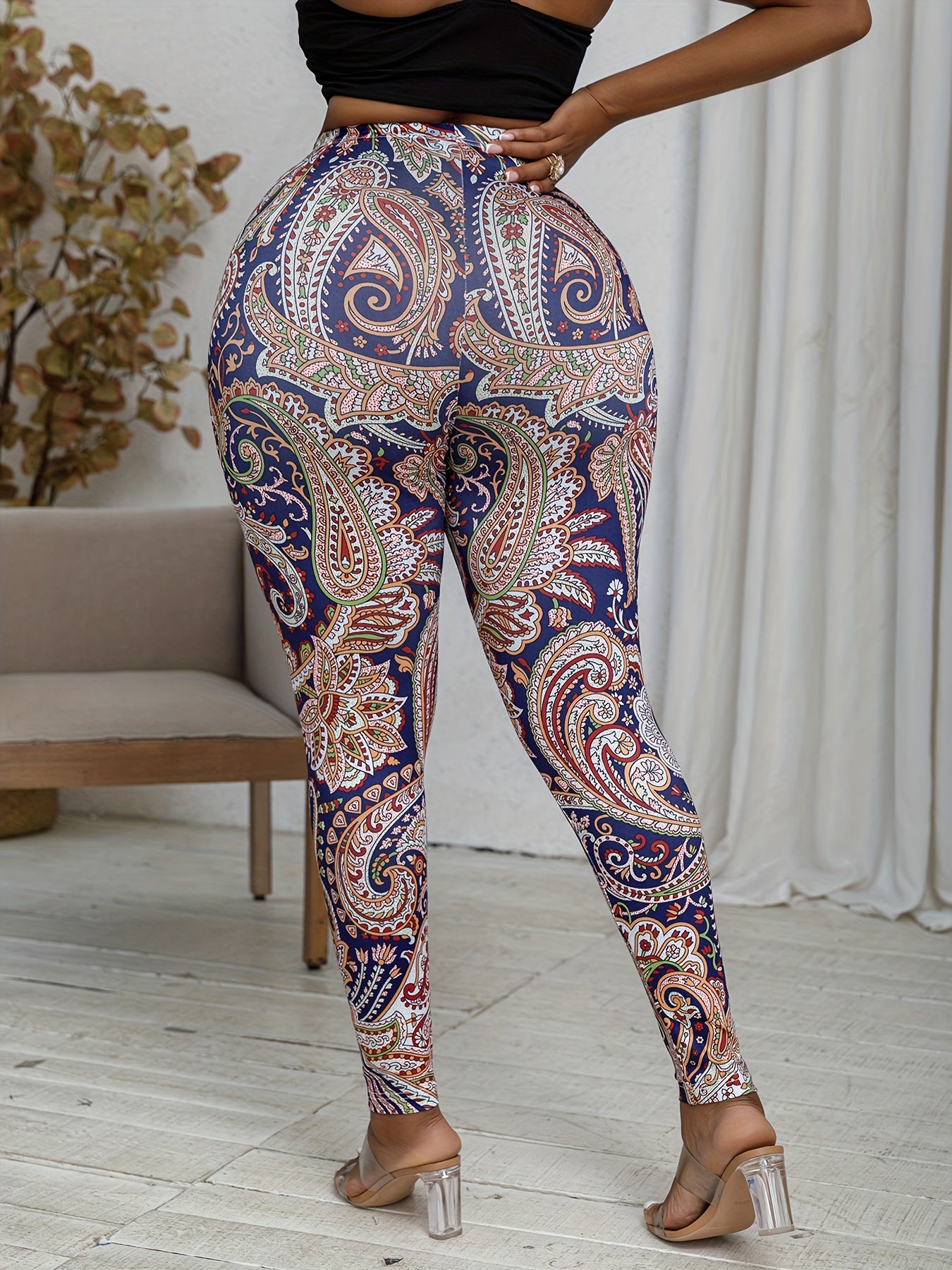 Stylish Plus Size Paisley Print Leggings - High Waist, Comfortable, Casual Leggings for Spring & Summer - Women's Plus Size Clothing for Curvy Figures