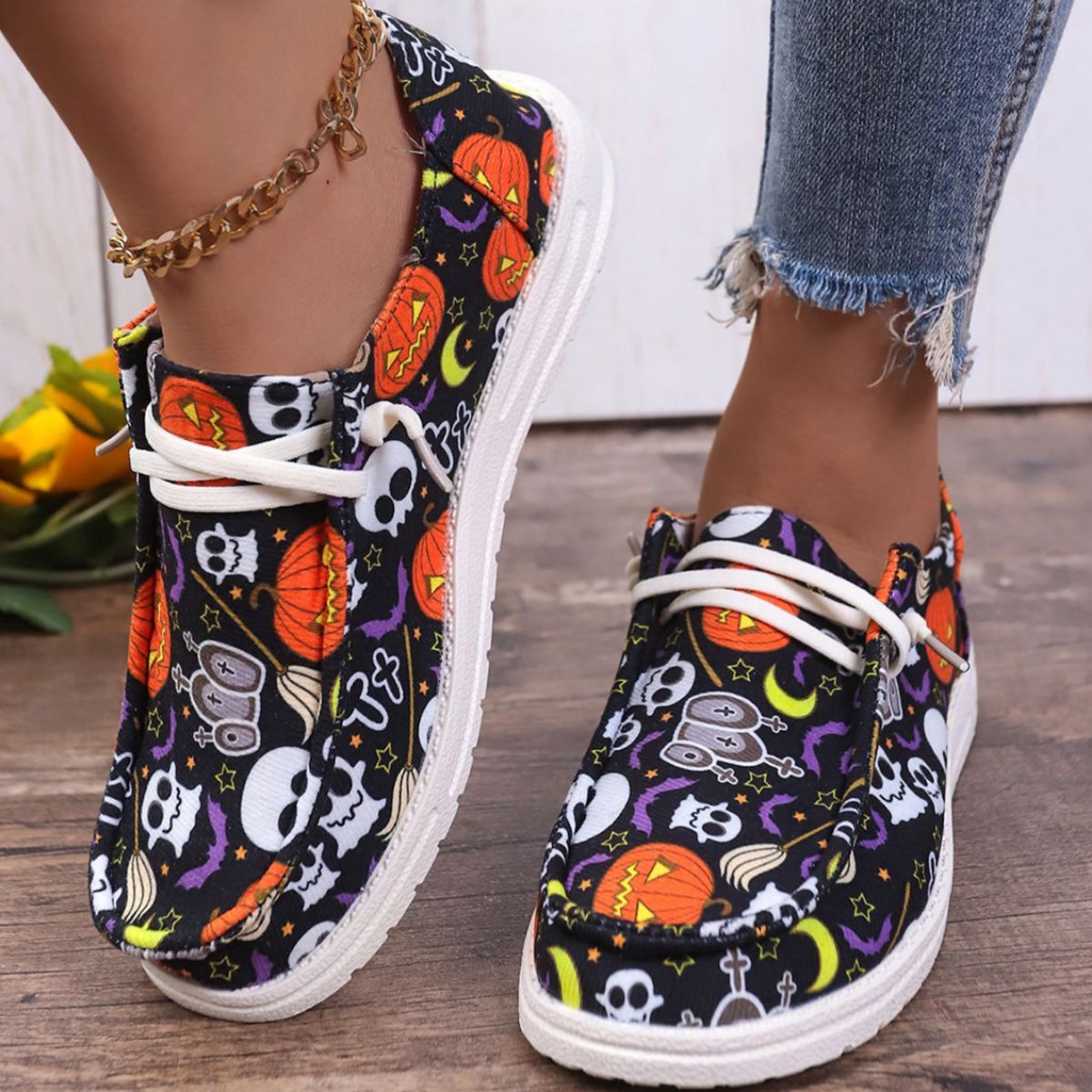 Halloween Pumpkin Print Ghost European And American Flat Canvas Casual Shoes