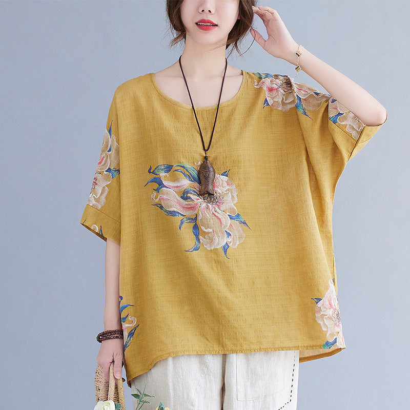 Korean Cotton Hemp Fat Mm Half Sleeve Top Summer-Aria Doejay