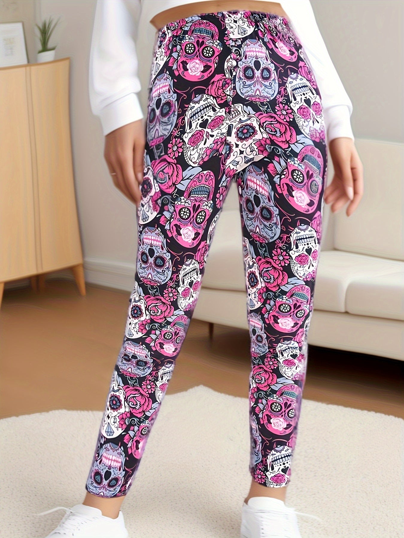 [Fast Arrival] Women's High-Stretch Skull & Floral Print Leggings - Comfortable Elastic Waist, Perfect for Casual Wear & Travel