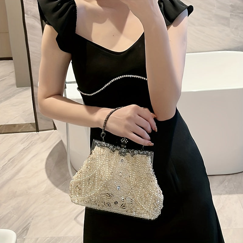 Luxurious Faux Pearl and Diamond Kiss Lock Clutch Bag - Floral Handle, Party Bag, Metal Chain Strap, Glamorous Evening Purse with Sparkling Accents - Perfect for Weddings, Proms, and Formal Events