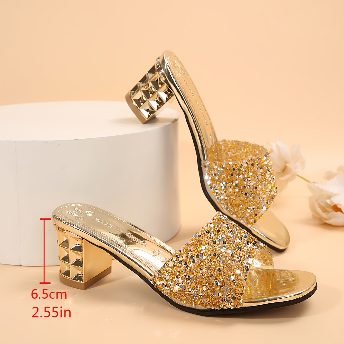 Women's Solid Color Glitter Sandals, Slip On Rhinestone Decor Dress Chunky Heels, Sparkly PVC Party Shoes