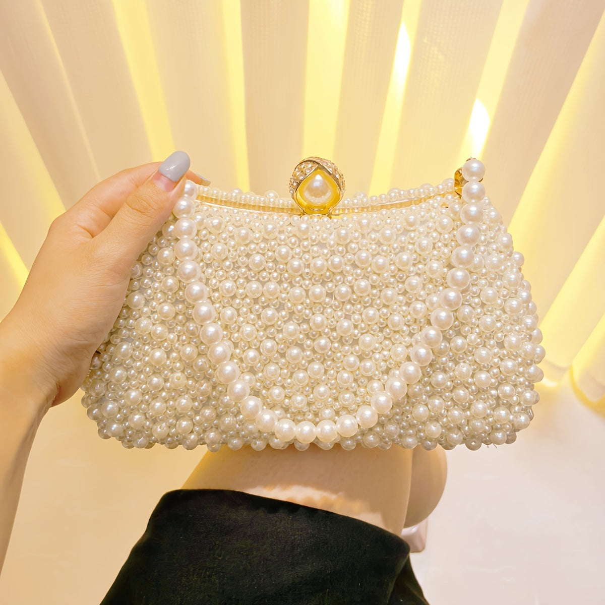 Elegant Pearl & Rhinestone Evening Clutch - Vintage-Inspired Bridal Purse with Detachable Chain Strap, Perfect for Weddings and Formal Events