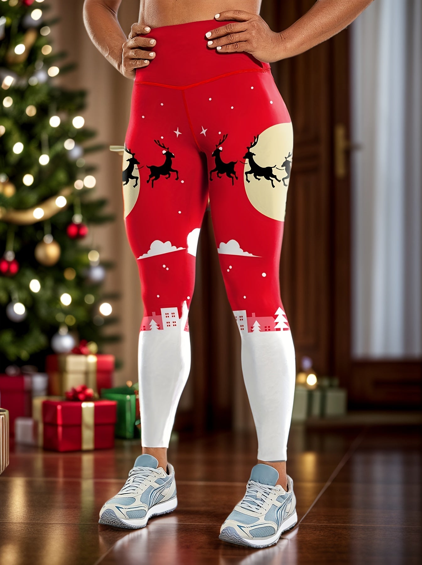 Festive Christmas Reindeer Print High-Waist Yoga Leggings - Stretchy, Non-See-Through Activewear for Women