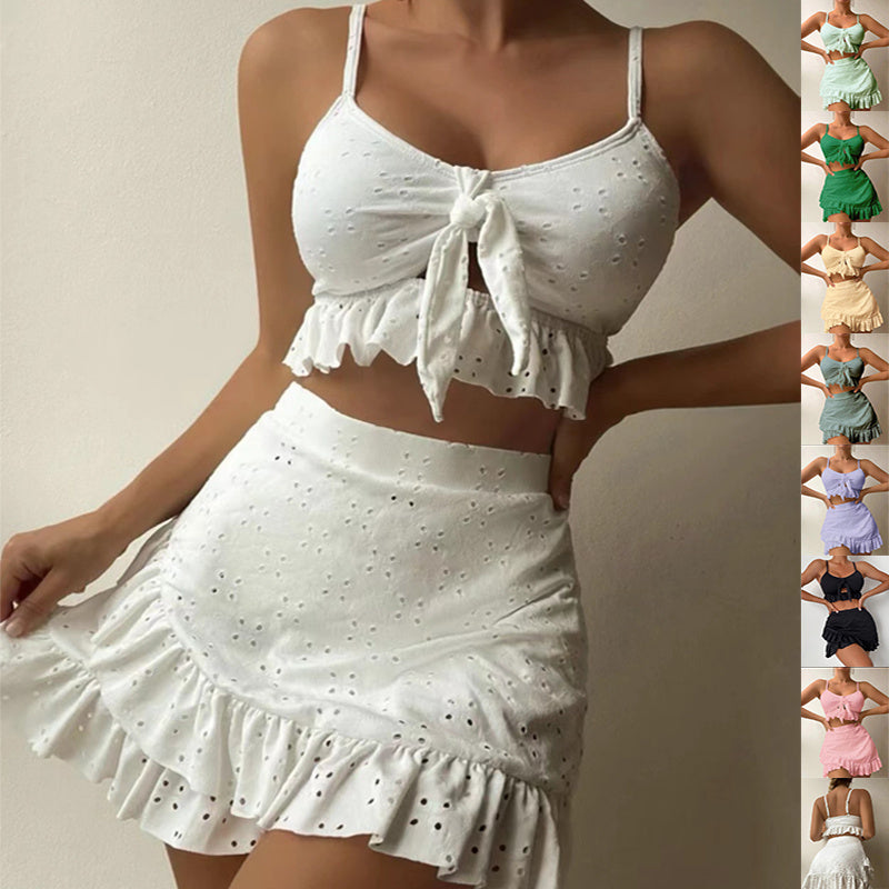 3pcs Beach Bikini With Hip-hugging Skirt Fashion Ruffle Design Swimsuit Set Summer Womens Clothing-Aria Doejay