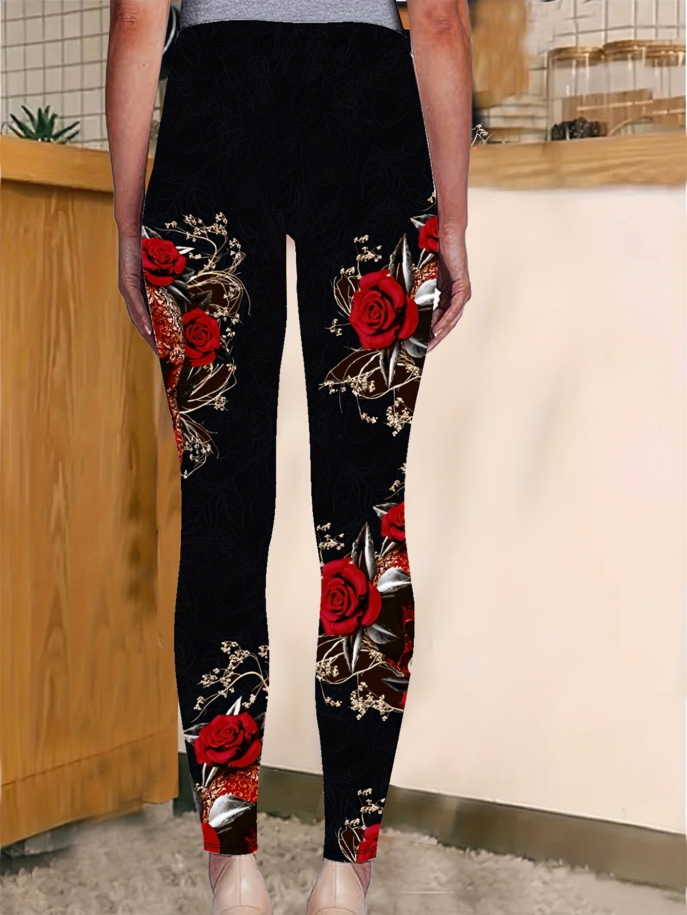 Plus Size Floral Skull Print Skinny Leggings, Casual Every Day High Waist Stretchy Leggings, Women's Plus Size Clothing Halloween