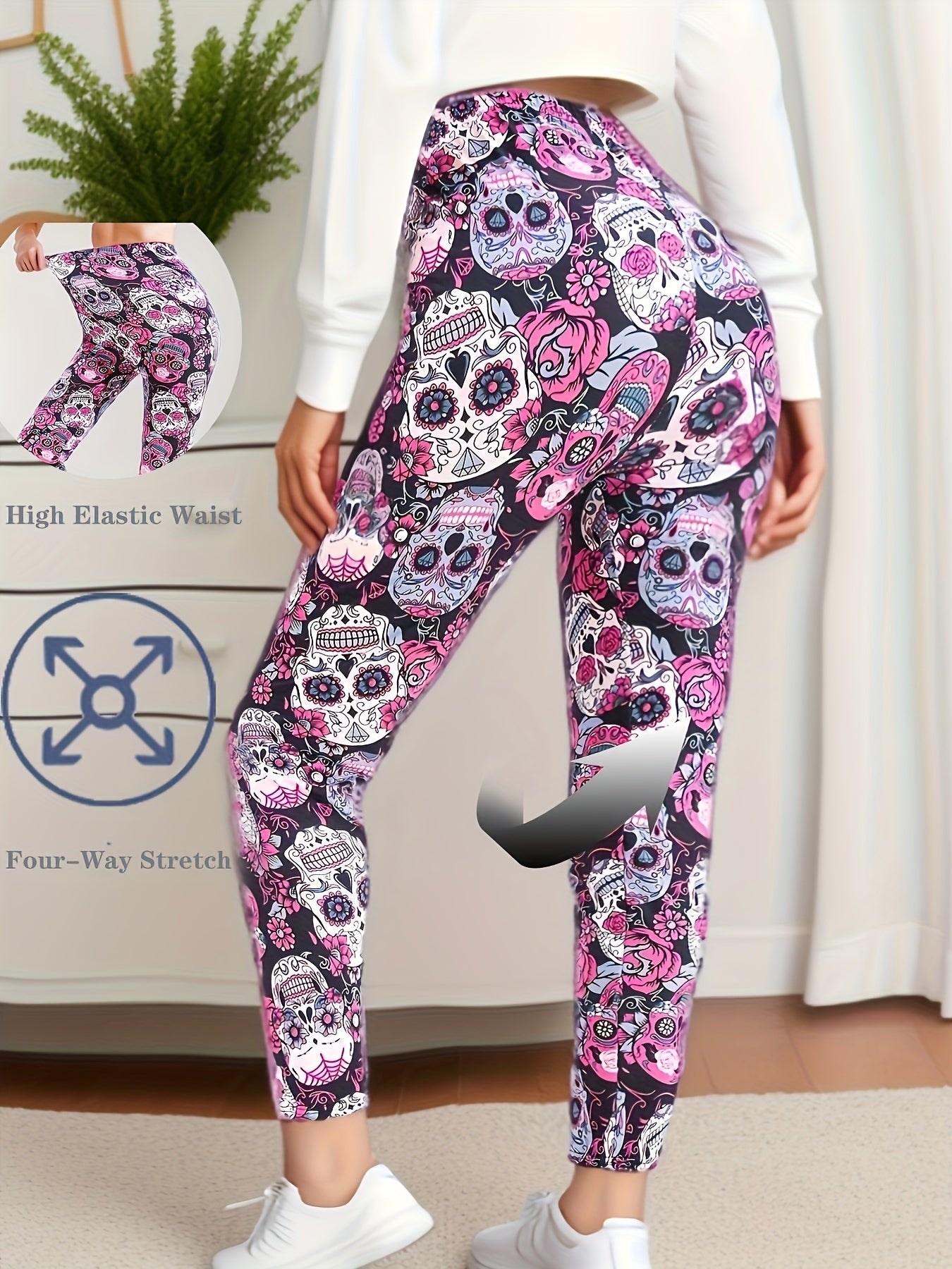 [Fast Arrival] Women's High-Stretch Skull & Floral Print Leggings - Comfortable Elastic Waist, Perfect for Casual Wear & Travel