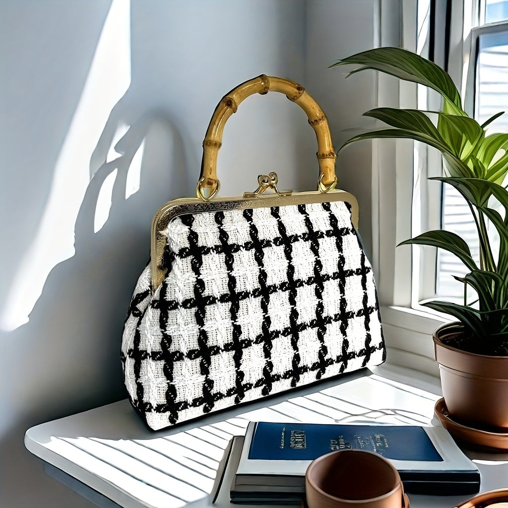 1pc Elegant Black And White Plaid Cotton Handbag with Crossbody Bag, Removable Shoulder Strap, And Polyester Lining for Evening Outings, Gift for Mother, Girlfriend, And Random Print