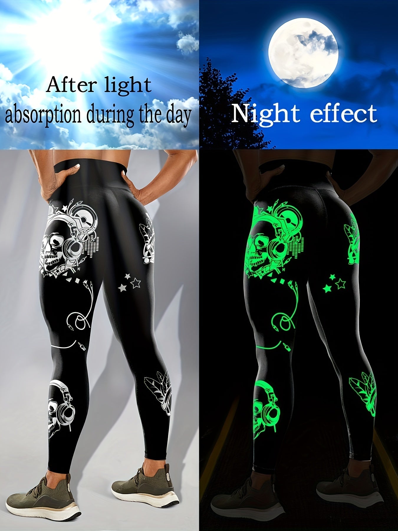 Casual Sportswear Tight Pants, Fluorescent Black Leggings With Glowing Skull, Printed High Waisted Elastic Tummy Control Workout Running Yoga Pants