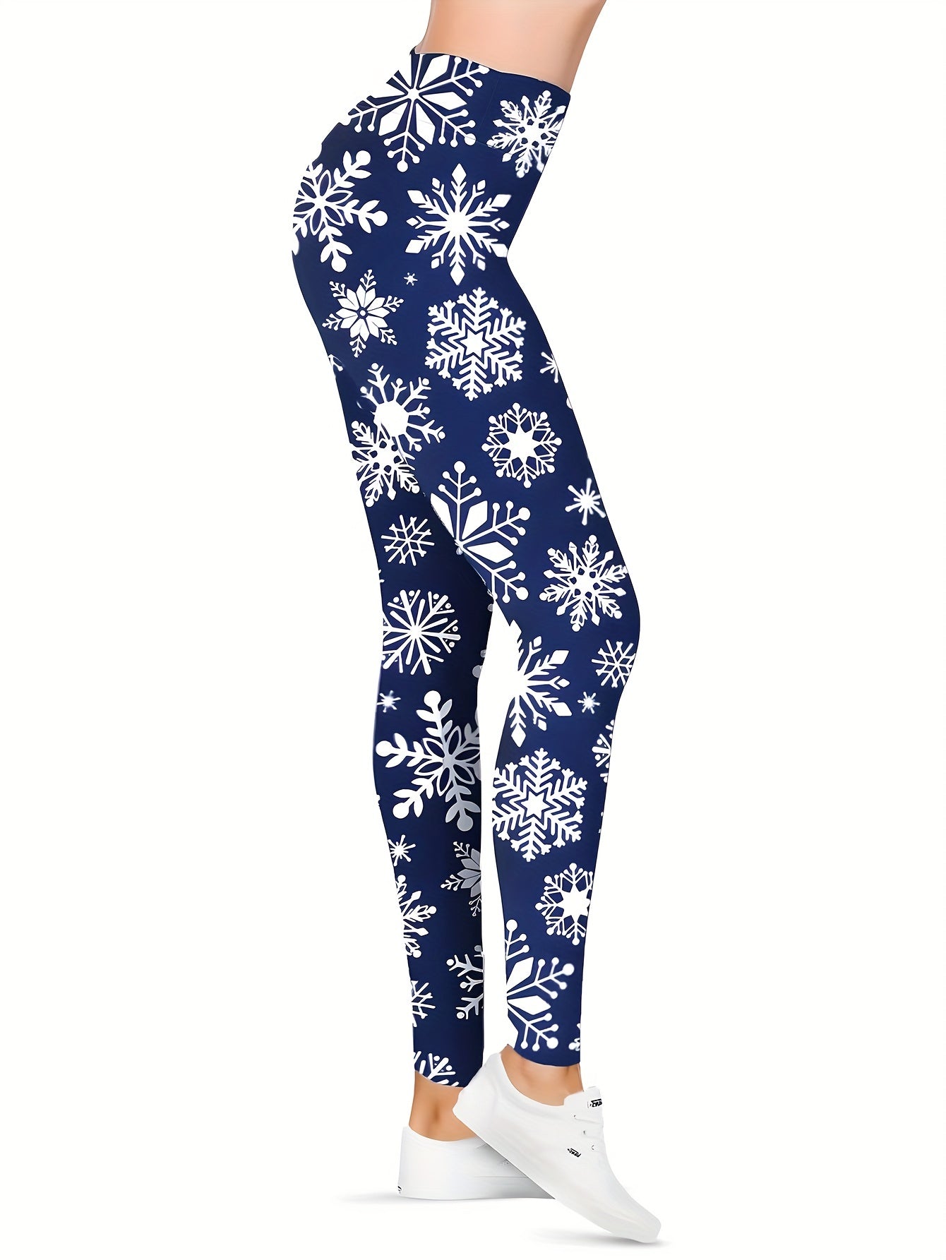 High-Waist Ice Blue Snowflake Print Leggings - Stretchy & Slim Fit for Women, Perfect for Fall/Winter, Fitness & Casual Wear, Polyester & Elastane Blend, Machine Washable