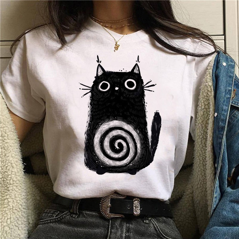 Cartoon Cat Mushroom Halloween Print T-shirt Short Sleeve-Aria Doejay