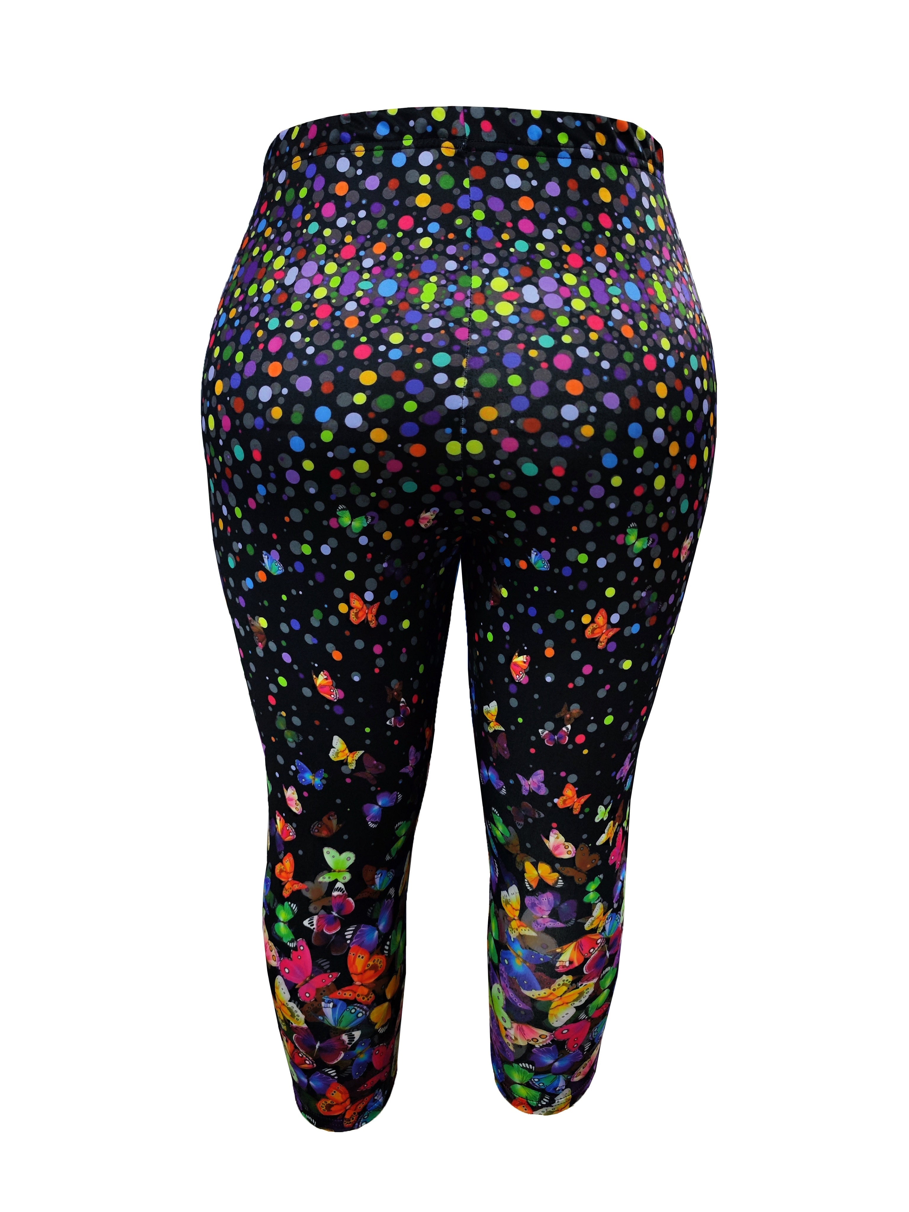 Vibrant Plus Size Butterfly Print Capri Leggings - High Waist, Stretchy, Casual, Spring & Summer Essentials - Women's Comfortable Plus Size Clothing for Curvy Figures