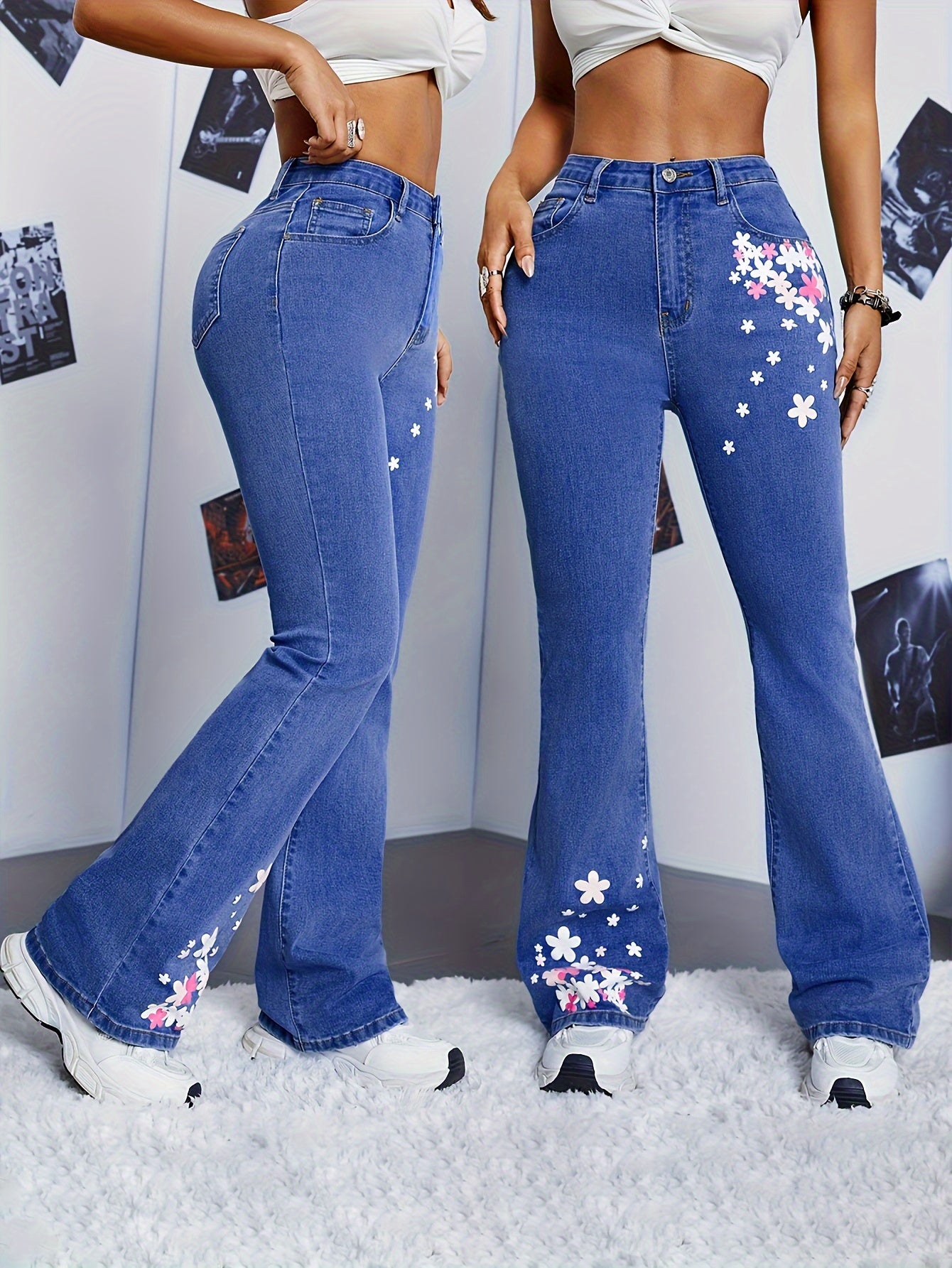 Floral Print Bell Bottom Jeans - Trendy Flared Leg, Secure Zipper Button Closure, Casual Denim Pants for Women with Bootcut Design and Comfortable Fit