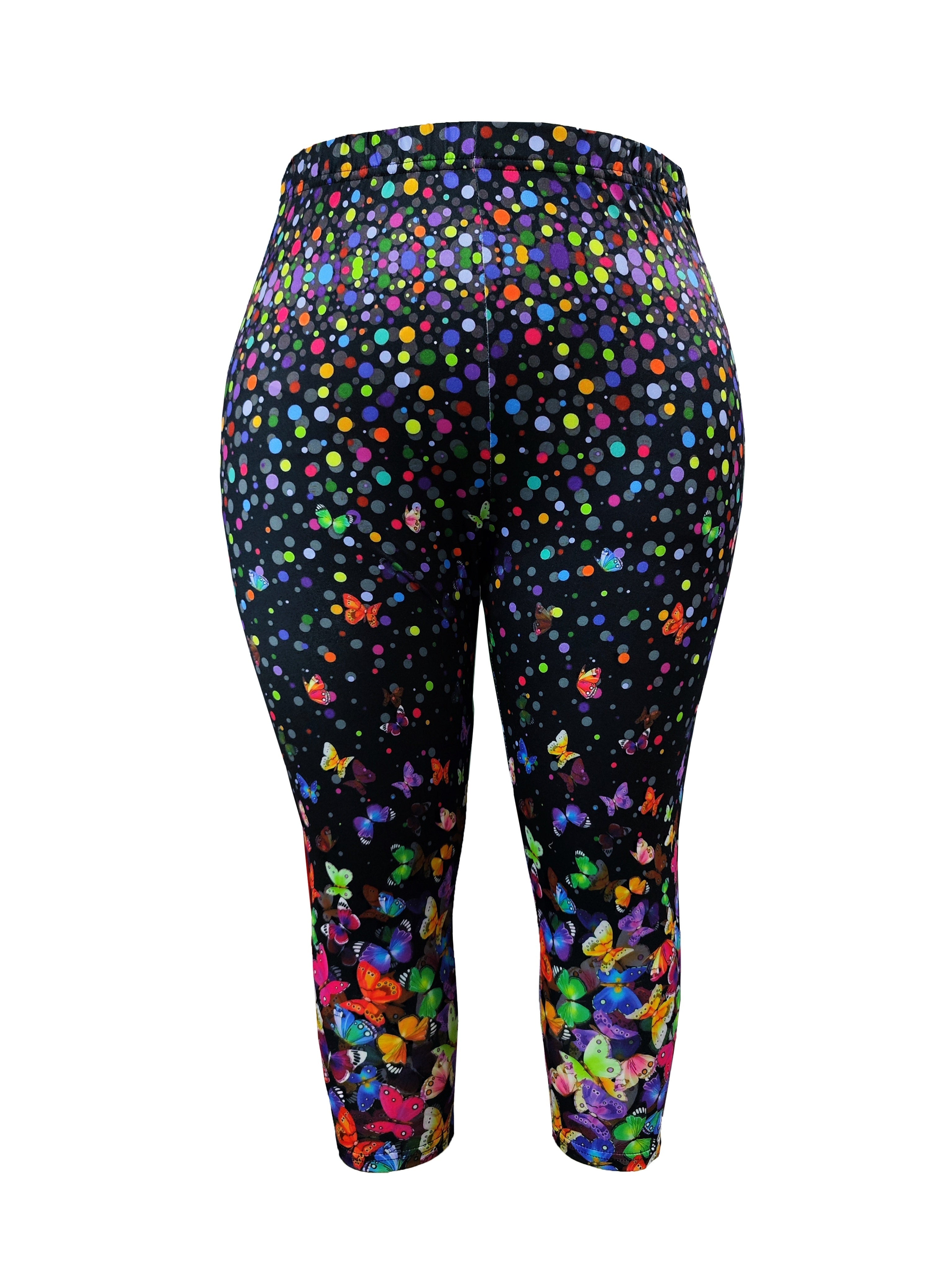 Vibrant Plus Size Butterfly Print Capri Leggings - High Waist, Stretchy, Casual, Spring & Summer Essentials - Women's Comfortable Plus Size Clothing for Curvy Figures