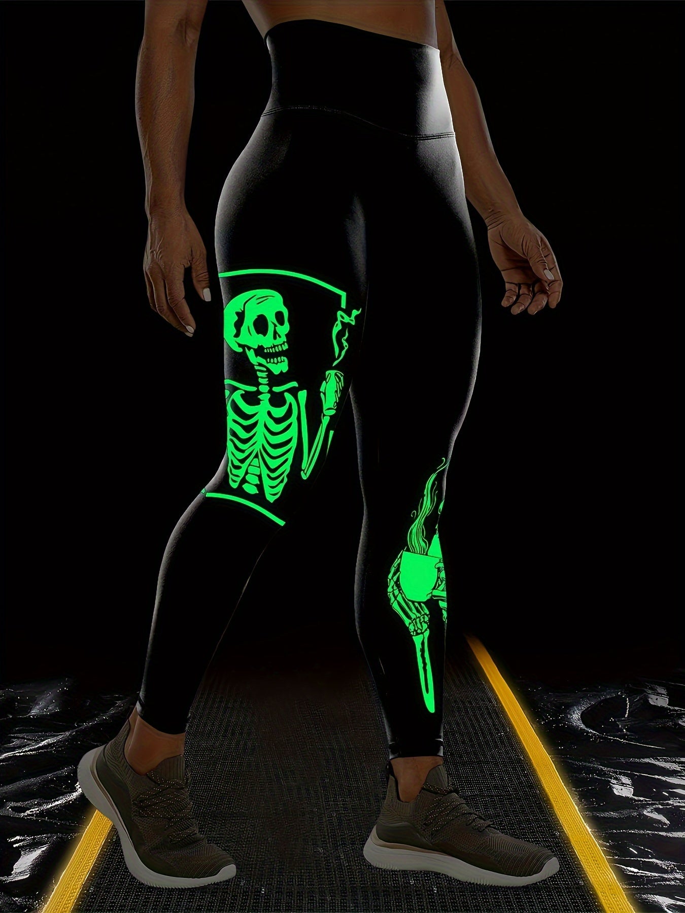 Women's Glow in the Dark Halloween Skeleton Printed Leggings, High Waist Tummy Control Sports Yoga Pants, Polyamide & Spandex Stretch Knit, All-Season Fitness Running Gear