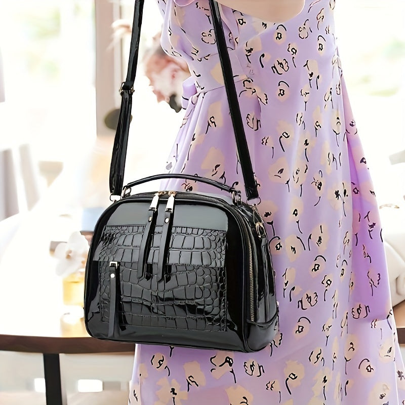 Elegant Crocodile Pattern Patent Leather Handbag, Retro Vintage Square Shoulder Bag, Crossbody With Adjustable Strap For Women