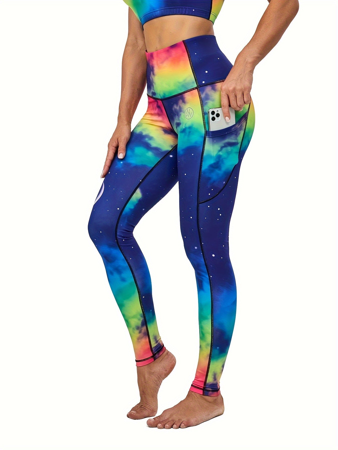 Yoga Cropped Pants For Women, Sports Leggings, Printed High Waisted Leggings, Cinched And Lifted Hips, Zippered Pockets At The Back, Gradient Rainbow Halo, Shimmers Of Midnight