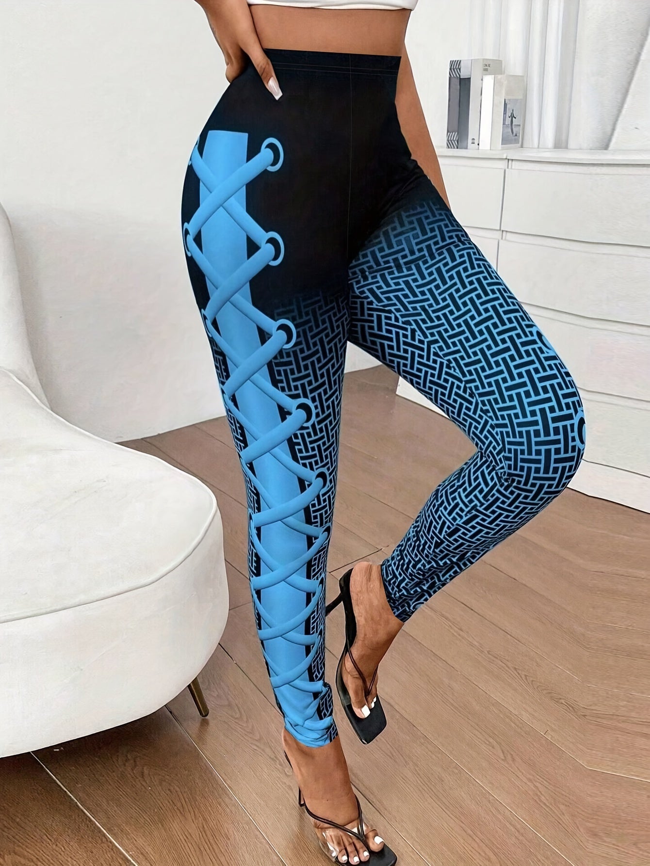 Stylish Geo Print Skinny Leggings - High Waist, Stretchy, Gradient Color, Every Day Wear, Comfortable, Fashionable Women's Clothing