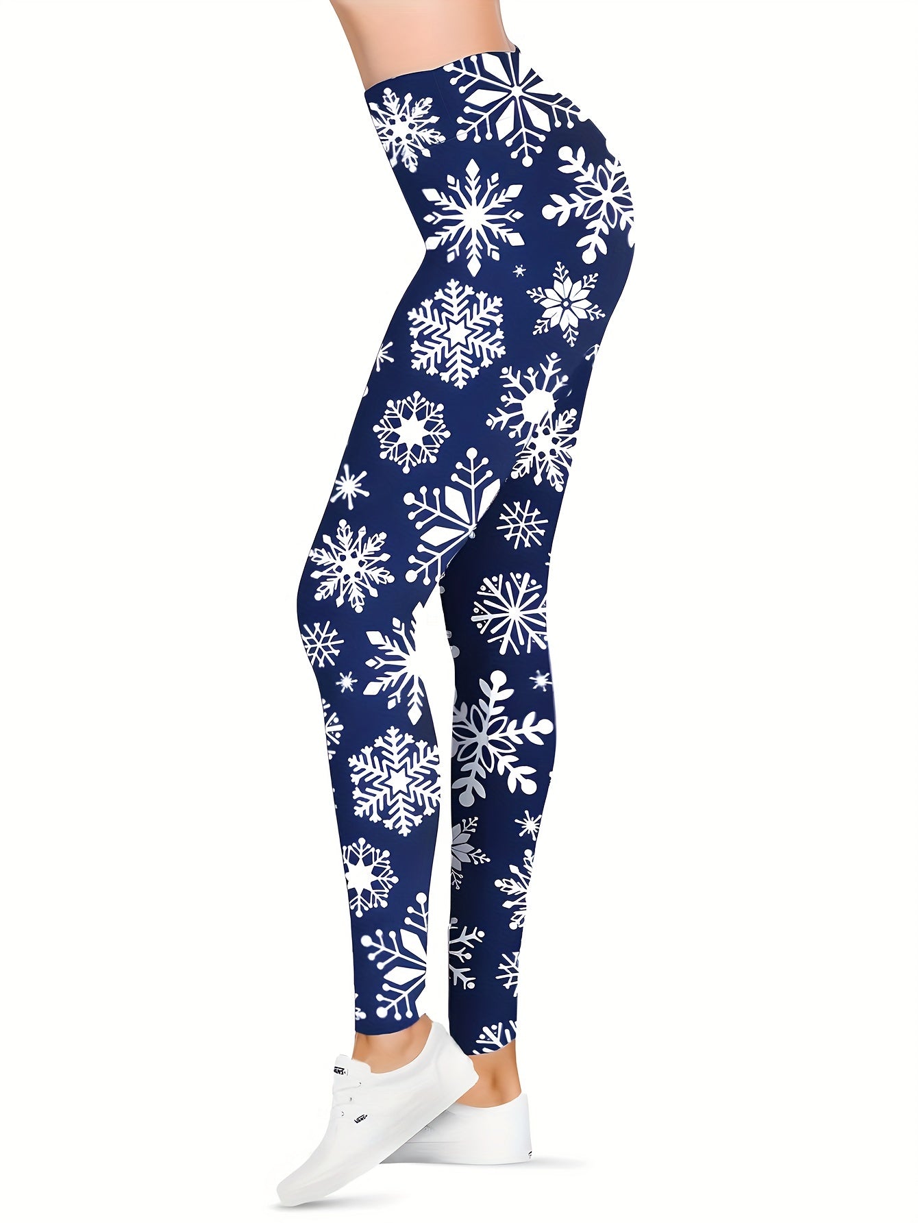 High-Waist Ice Blue Snowflake Print Leggings - Stretchy & Slim Fit for Women, Perfect for Fall/Winter, Fitness & Casual Wear, Polyester & Elastane Blend, Machine Washable