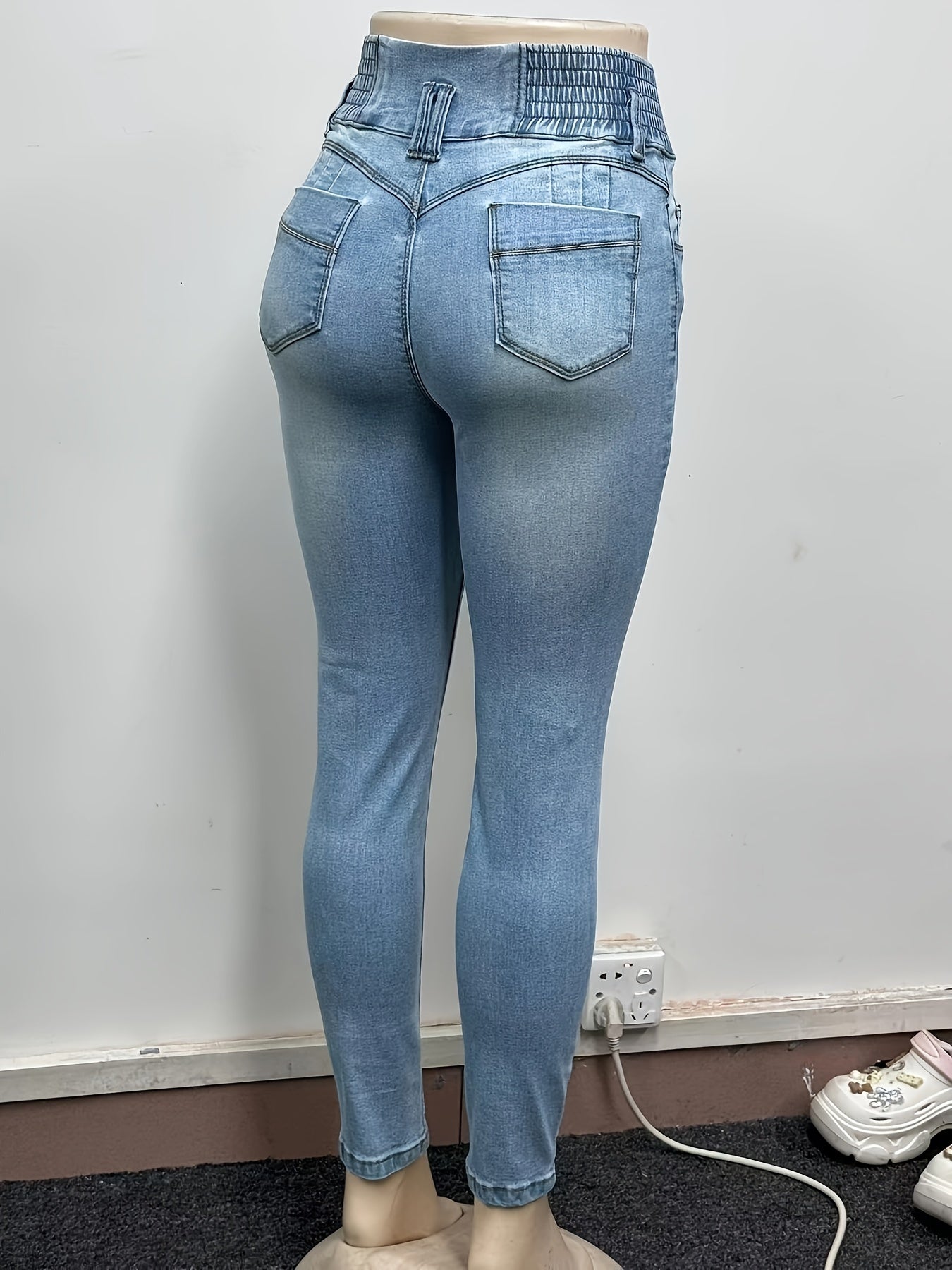 YIWEIDI High Waist Skinny Jeans for Women - Stretch Denim with Shirred Waistband, Triple Button Closure, and Hip Enhancing Design - Solid Color All-Season Street Style Pants