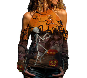 Halloween Off Shoulder Printed Top Womens Casual Loose Stitching Long Sleeved T-Shirt