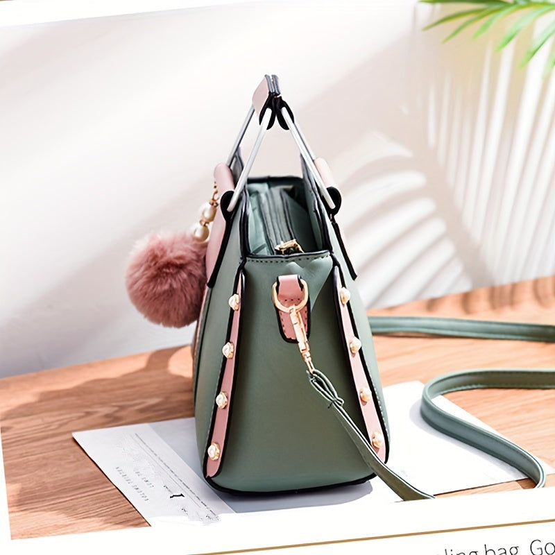 New Korean Style Versatile Shoulder Bag, Colorblock Satchel Bag With Pom Pom Decor