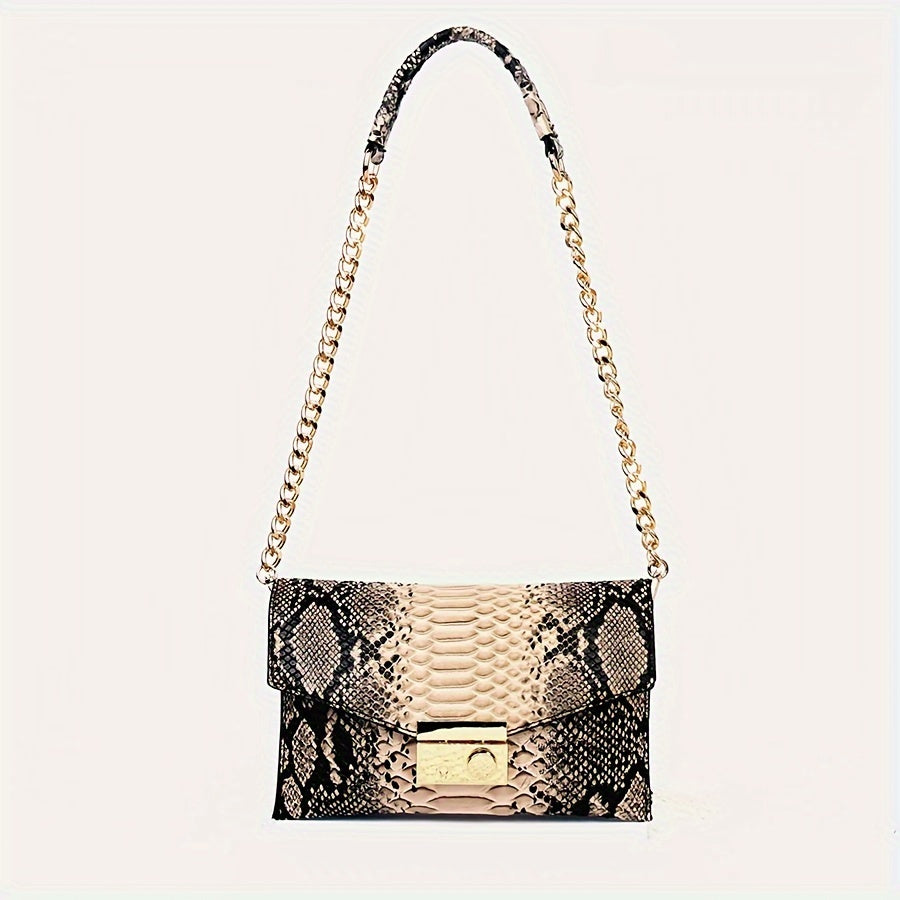 Chic Snakeskin Pattern Chain Crossbody Bag for Women - Sustainable Faux Leather, Luxury Square Shoulder Purse with Kiss Lock Closure