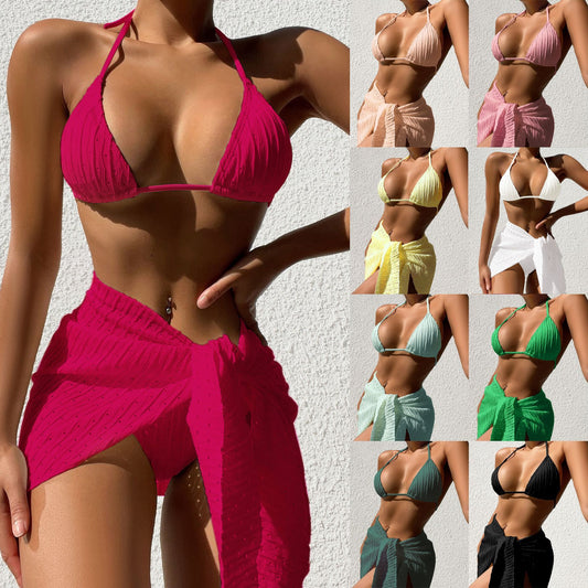 3pcs Halterneck Swimsuit Set Beach Solid Color Sexy Backless Bikini With Mesh Skirt Summer Womens Clothing-Aria Doejay