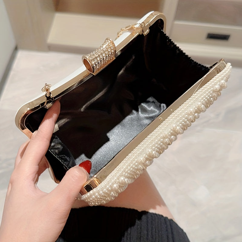 Elegant Pearl Evening Clutch Bag for Women, Polyester Lined Magnetic Closure Handbag with Clutch Accessory for Weddings, Banquets, Formal Events