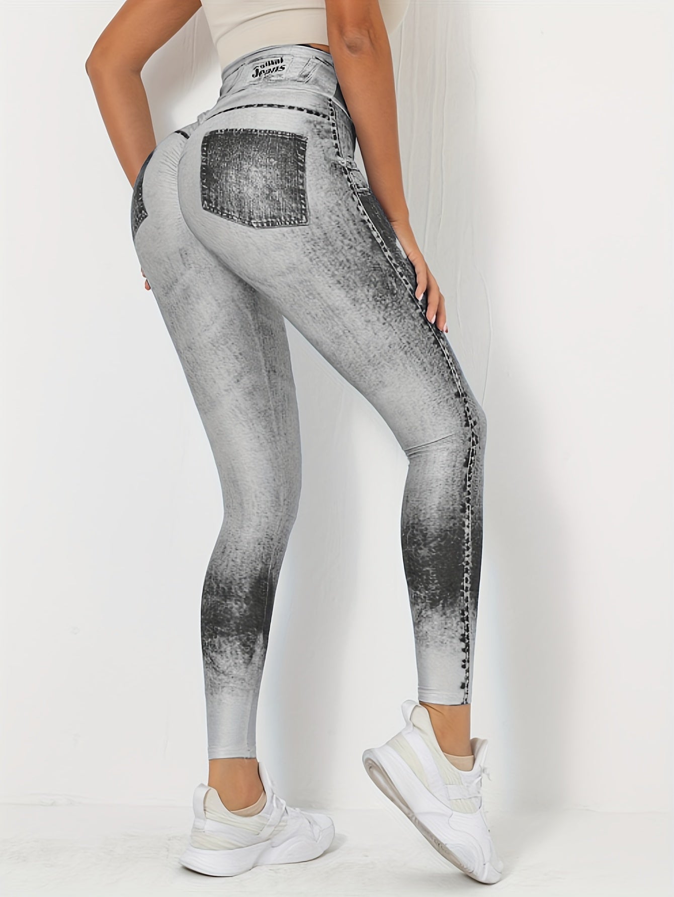 Faux Denim Print High Waist Leggings, Casual Skinny Stretchy Leggings For Every Day, Women's Clothing