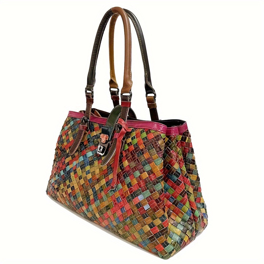 Cross-border Ladies Woven Bag, Genuine Leather Women's Bag, Cowhide Colorful Retro Casual Ethnic Style Women's One-shoulder Hand-worn Crossbody Bag