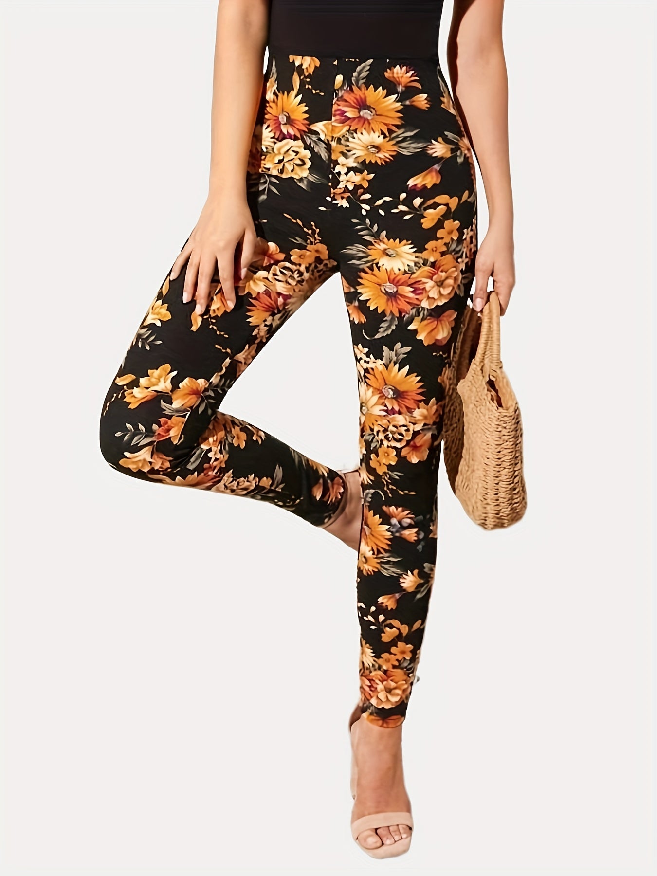 Casual Every Day Stretchy Floral Print Skinny Leggings, Women's Clothing