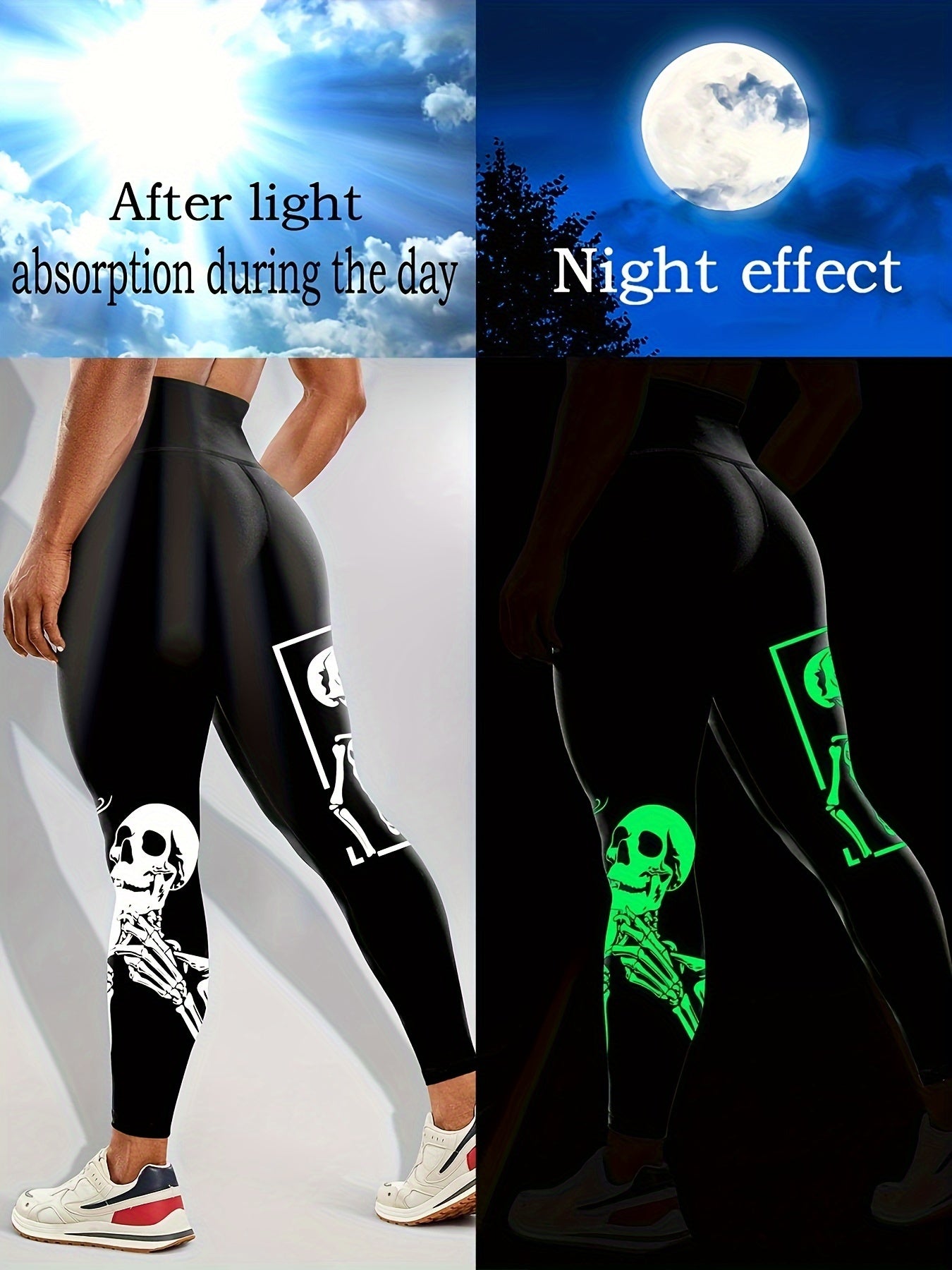 Fluorescent Skull Halloween Printed Sports Yoga Leggings, High Waist Workout Running Sports Tight Pants, Women's Activewear Carnaval & Music Festival